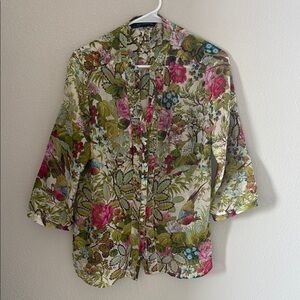 Vintage Zara Woman Sheer Floral Cotton and Silk Blend Button Down Blouse - Lg